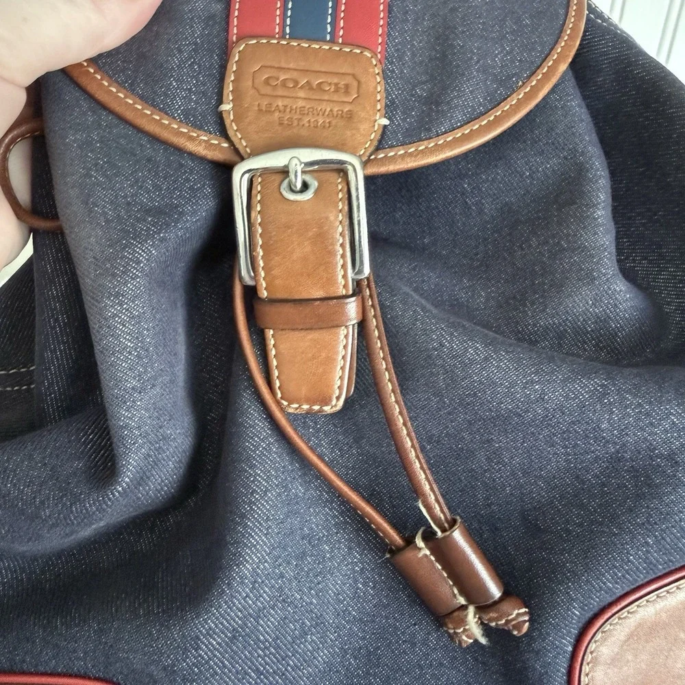 Vintage Coach Denim Blue Chambray Red Brown Leather Trim Backpack Purse 2004